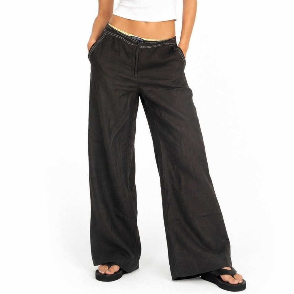 Scott Taylor Linen Blend Pants Women 10 Brown Wide Leg Y2K Contrast Stitch Boho